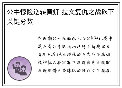 公牛惊险逆转黄蜂 拉文复仇之战砍下关键分数