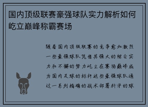 国内顶级联赛豪强球队实力解析如何屹立巅峰称霸赛场