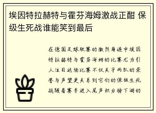 埃因特拉赫特与霍芬海姆激战正酣 保级生死战谁能笑到最后